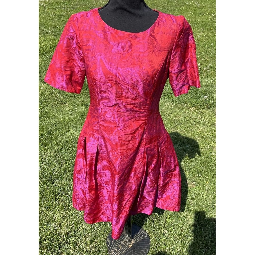 Bigio Collection Dress Womens 4 Red Fuchsia Metallic Jacquard Fit & Flare Short - Picture 7 of 16